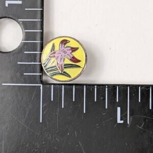 Vtg Chinese Enamel Lapel Pin Pink Lily Flower Yellow Round Badge Script Back